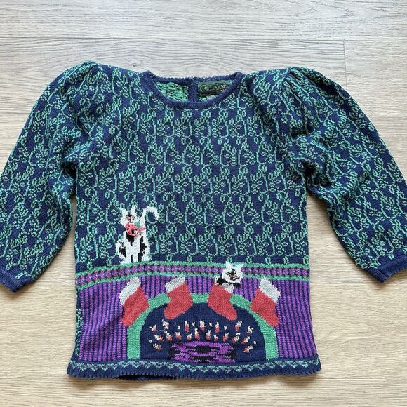 Vintage Cullinane Sweater Women Small Christmas Cat Stockings Fireplace - Picture 1 of 9